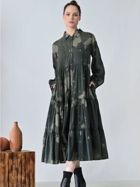 Samant Chauhan Cotton Tie Dye Shirt Dress Green Tiered Button Front Pockets Boho